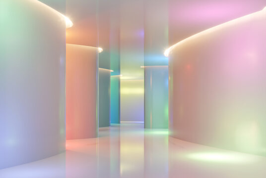 Modern colorful space interior with curve wall 3d render, There are glossy floor and ceiling decorate with hidden light.