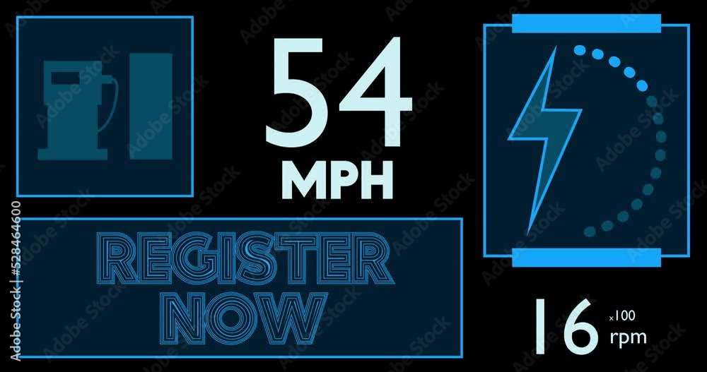 Poster hybrid car dashboard with register now text. digital graphical user interface animation.