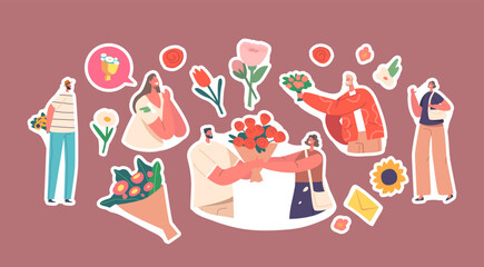 Fototapeta na wymiar Set of Stickers Love, Dating, Gifts, Meet Up. Men Giving Bouquets to Girls. Boyfriend Presenting Flowers to Girlfriend