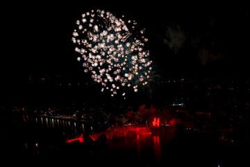 firework display over the River Neckar - Heidelberger Schlossbeleuchtung, Germany, Heidelberg castle 
