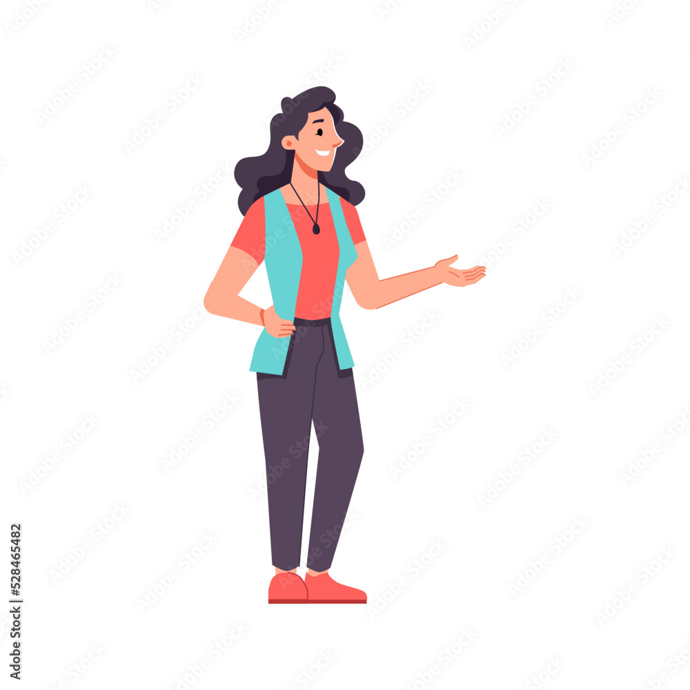 Aufkleber female character talking and gesturing, smiling and pointing with hand. isolated guide or presenter,