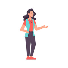 Female character talking and gesturing, smiling and pointing with hand. Isolated guide or presenter, businesswoman or worker in uniform. Vector in flat style