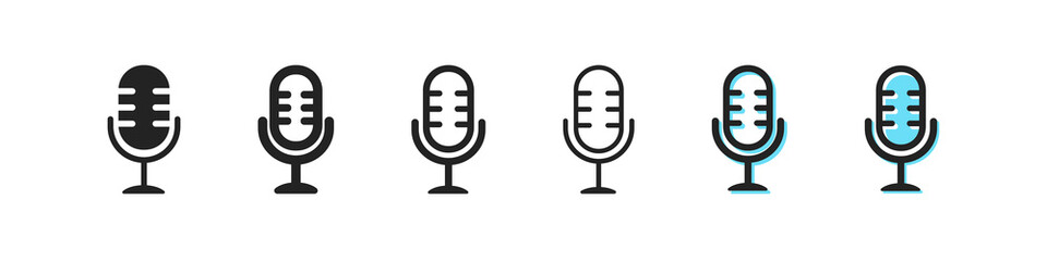 Mic icon. Retro microphone vector symbol. Simple outline radio icon. Audio voice icons set. Sing, black and blue web icons. EPS10