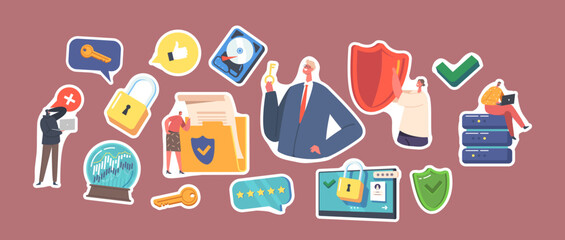 Set of Stickers Computer Security, Privacy Data Protection in Internet, Virtual Private Network. Characters with Shield