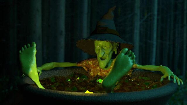 Happy old witch takes a bath in her own potion cauldron deep in the dark forest 3D 4K animation