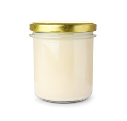 Glass jar of delicious mayonnaise isolated on white