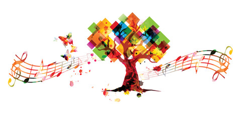 Relaxing music concept with tree and musical notes isolated vector illustration. Calming colorful musical design, nature inspired with musical staff and butterflies	