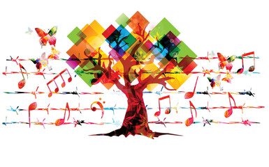 Relaxing music concept with tree and musical notes isolated and attached to barbed wire. Vector illustration. Colorful musical poster, nature inspired, with butterflies	