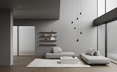  Modern grey open space living room or hotel, grey sofa, open wooden shelf with decor, hanging light. Two story hotel room. Panoramic floor to ceiling windows. 3d render