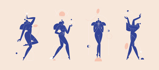 Contemporary woman silhouette vector illustration set. Nude female body, blue colored feminine figures with geometric shape abstract composition. Beauty, body care concept pack for logo. Modern art - 528466867