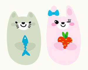 Kawaii animals, cat with fish and bunny with carrot. Vector isolated illustration.