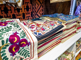 Traditional Asian cloth sold in a store in the Historic Centre of Uzbekistan