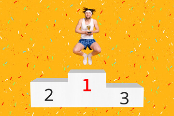 Creative collage photo of ecstatic overjoyed carefree athletic sportsman holding goblet jumping isolated on yellow color background