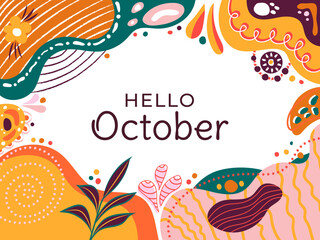 Fototapeta na wymiar Hello October Floral Abstract Typography Social media post vector Illustration. Memphis pattern design horizontal background. Greeting card, promotion, website, template frame digital graphic resource