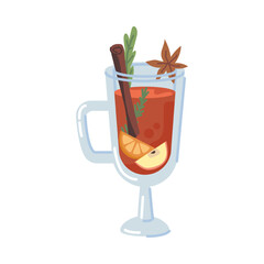 Winter Christmas drink, isolated mulled wine with cinnamon stick, slices of apple and orange. Glass with anise and greenery for decor. Vector in flat style