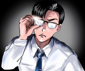 イケメン先生メガネを光らせ大事な忠告をするカラー漫画イラスト