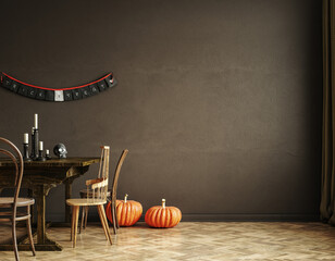 Halloween dining room interior with pumpkins, 3d render