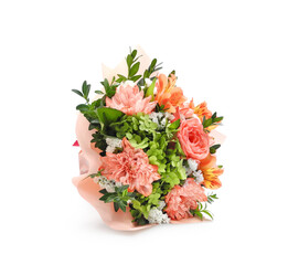 Elegance pink bouquet wrapped in salmon colored paper composed of peach rose and chrysanthemums, alstroemerias, white gypsophila and boxwood sprigs isolated on white background 