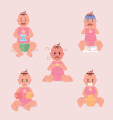 Baby emotions semi flat color vector characters set. Editable figure. Full body people. Simple cartoon style illustration for web graphic design and animation collection. Quicksand font used