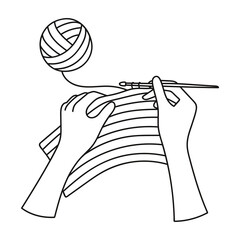 Crocheting in doodle. Hands hold a knitted fabric on crochet hook. Hobby, hand work, handmade. Isolated sketch vector illustrations - obrazy, fototapety, plakaty