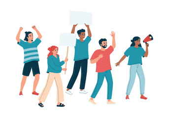 Fototapeta premium Diverse people with placard, banner and megaphone on demonstration. Angry men and women on parade, picket or strike. Activists, peaceful rights protest, manifestation.Isolated flat vector illustration
