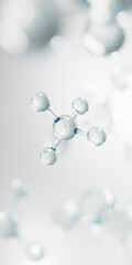 Realistic molecules background. Science illustration of a cream molecule. Hyaluronic acid skin solutions advertising, collagen serum drop with cosmetic advertising background. 3d rendering.