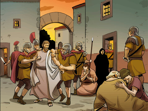 Ancient rome scene illustration. Arrest and detention of the early Christians. 
Persecution of Christianity in ancient Rome