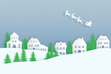 Naklejka premium winter landscape with snow and trees. Santa Flying in the night on christmas. Winter lanscape with house, snow and tree. Paper cut vector design. The house in winter is covered with snow.