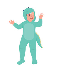 Cute boy in dinosaur costume semi flat color vector character. Editable figure. Full body person on white. Halloween party simple cartoon style illustration for web graphic design and animation