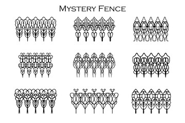 Assorted spooky cemetery fence silhouettes. Assets isolated on a white background. Scary, haunted and spooky fence elements. Mystery Fence Vector 9 Halloween