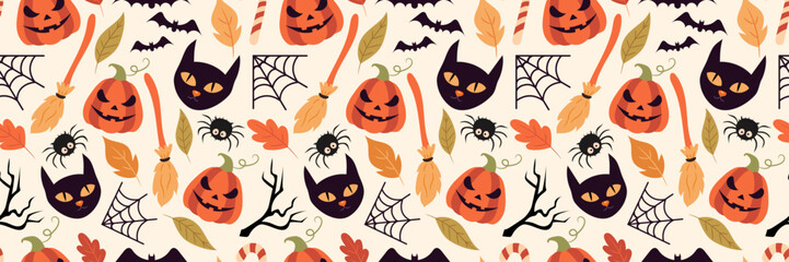 Seamless long cartoon pattern for Halloween with black cat, spider, pumpkin and broom. Decoration