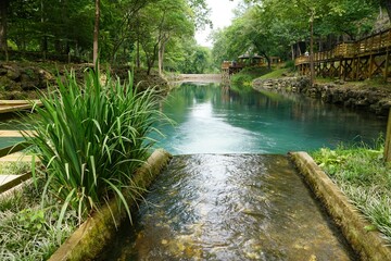 Beautiful blue water of a natural spring near Blue Spring Heritage Center, Eureka Springs,...
