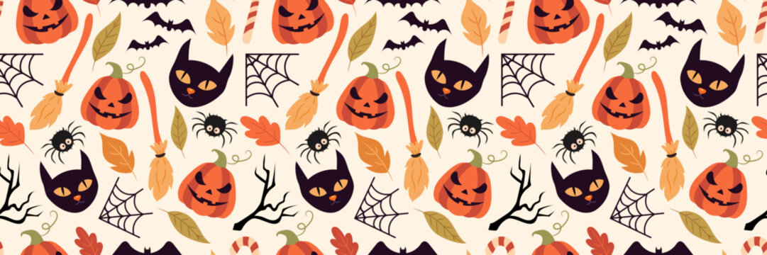 Seamless long cartoon pattern for Halloween with black cat, spider, pumpkin and broom. Decoration