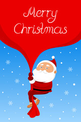 Christmas greeting card. Santa Claus pulls sack with presents. Vector illustration.