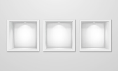 Empty square niche shelves with lighting in the wall. Vector 3d illustration. - obrazy, fototapety, plakaty