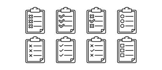 Clipboard icon. Approved document checklist icon. Set of eight icons