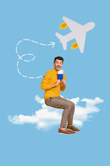 Collage photo of young funny guy sitting airplane flying air vacation weekend holiday destination...