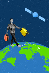Collage photo of young smiling positive retro man hold bags nice walk destination sphere globe traveler satellite isolated on painted background