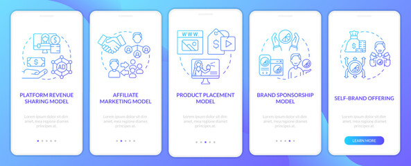 Naklejka premium Creator business models blue gradient onboarding mobile app screen. Marketing walkthrough 5 steps graphic instructions with linear concepts. UI, UX, GUI template. Myriad Pro-Bold, Regular fonts used