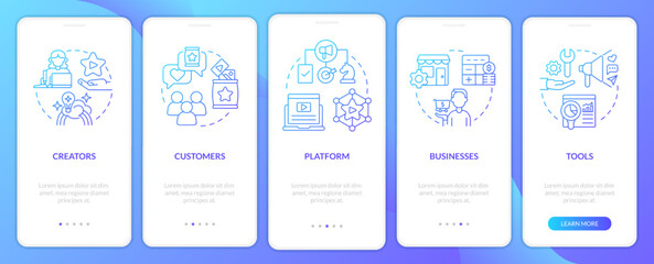 Creator economy stakeholders blue gradient onboarding mobile app screen. Walkthrough 5 steps graphic instructions with linear concepts. UI, UX, GUI template. Myriad Pro-Bold, Regular fonts used