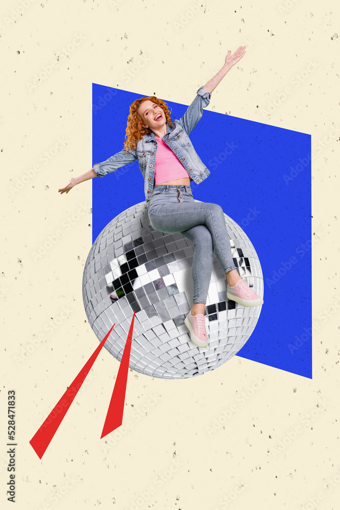 Sticker Vertical collage portrait of overjoyed cheerful girl sit huge disco ball have fun isolated on creative background