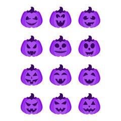 Pumpkins icon set. Halloween pumpkins with scary face. Halloween pumpkin lanterns isolated on white background. Template for banner, poster, party invitation. Jack-o'-lantern. Vector illustration