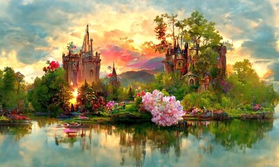 Old castle in a forest reflecting in a water of lake. Dramatic Sunset sky. Beautiful natural wallpaper. Digital painting illustration.