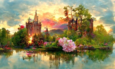 Obraz premium Old castle in a forest reflecting in a water of lake. Dramatic Sunset sky. Beautiful natural wallpaper. Digital painting illustration.