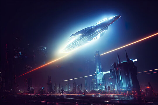 Futuristic spaceship flying over a city. © Fortis Design