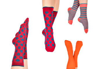 Woman in red socks isolated on white background. Top view.