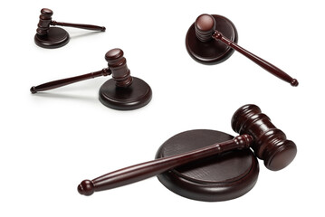Wooden judge gavel and soundboard isolated on a white background.