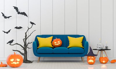 3D render Halloween party in living room with pumpkins, jack-o-lantern