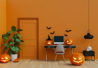Halloween party interior living room with desktop computer and pumpkins. 3D render