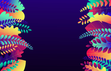 Trendy neon gradient plants and leaves background in flat style.
